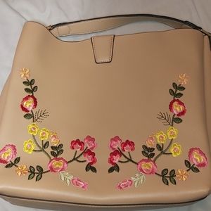 Faux leather flower embroidered handbag